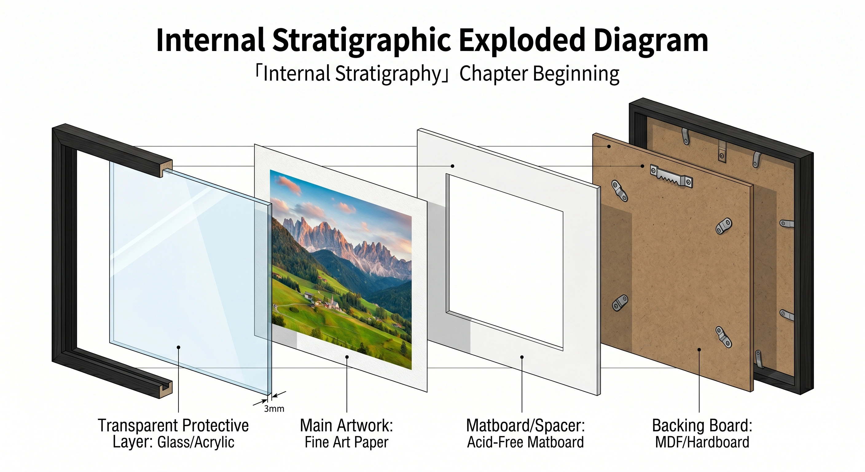 Frame internal stratigraphy exploded view
